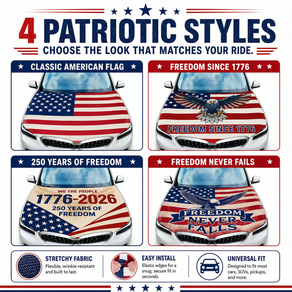 🇺🇸 Universal American Hood Flag Cover 🔥 Secure Buckle Design for Stable Highway Driving 🦅 Fits Most Cars, SUVs & Pickups【Buy 2 Free Shipping】