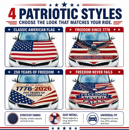 🇺🇸 Universal American Hood Flag Cover 🔥 Secure Buckle Design for Stable Highway Driving 🦅 Fits Most Cars, SUVs & Pickups【Buy 2 Free Shipping】